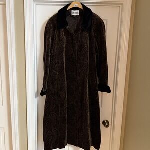 John Caruana Coat Womens 14 Brown Velvet Paisley Long Lined Overcoat Made USA